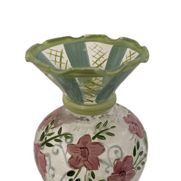 Vintage Tracy Porter Hand-Painted Glass Bud Vase Pink Floral Ruffled Rim 6.5” - Picture 3 of 9